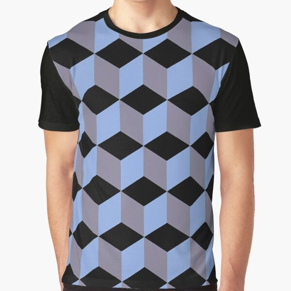 Isometric geometric art graphic t-shirt with blue, lilac, and black isometric cube pattern