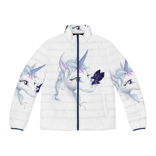 A puffer jacket featuring an illustration of the iconic The Last Unicorn character