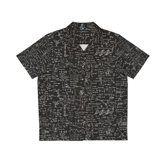 Geometric physics equations printed on a black Hawaiian shirt