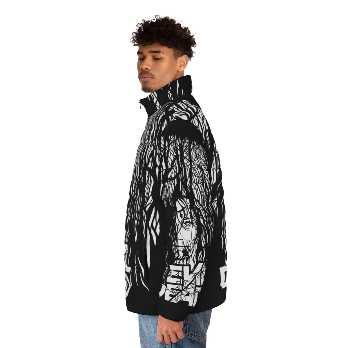 Evil Dead-inspired puffer jacket with gothic and horror-themed design - men side left