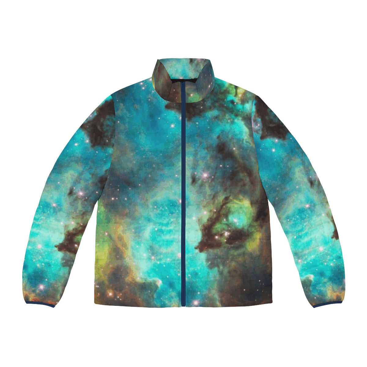 Green galaxy puffer jacket with cosmic, spacey design