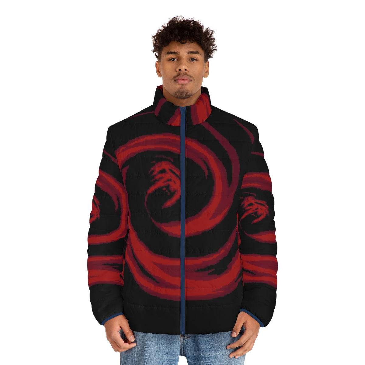 Earthbound Giygas retro gaming puffer jacket featuring iconic 90s SNES design - men front