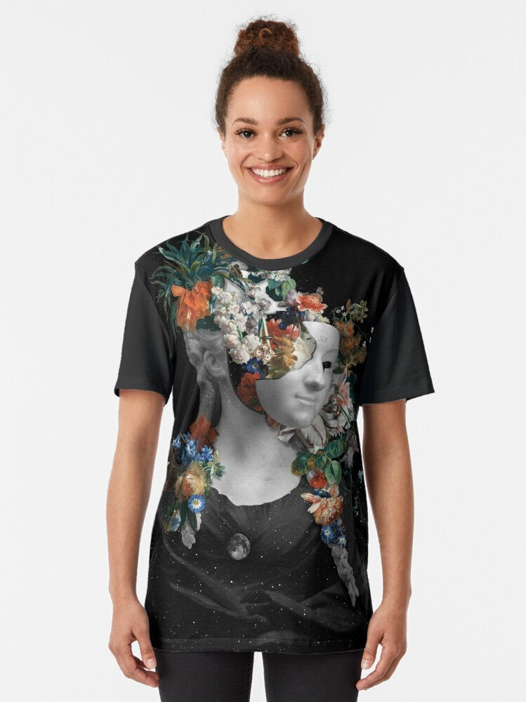 Surreal graphic design of a face with flowers, moon, and stars against a night sky on a spring t-shirt - Women