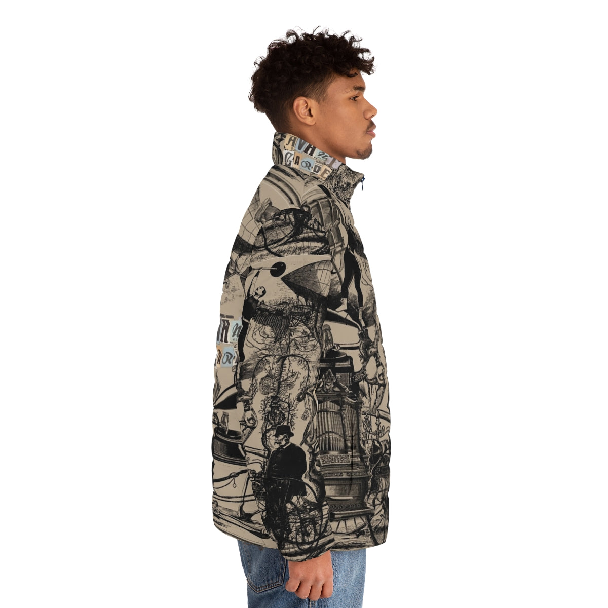 Avant-garde puffer jacket featuring collage, engraving, and experimental music elements - men side right