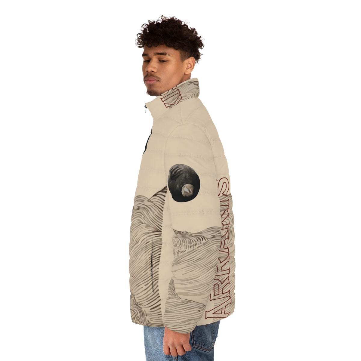 Dune inspired puffer jacket with desert landscape design - men side left