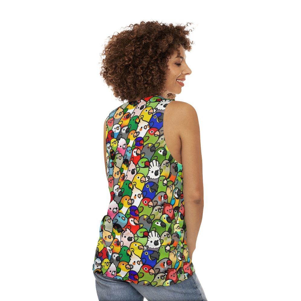 Unisex tank top with a vibrant tropical bird pattern - women back