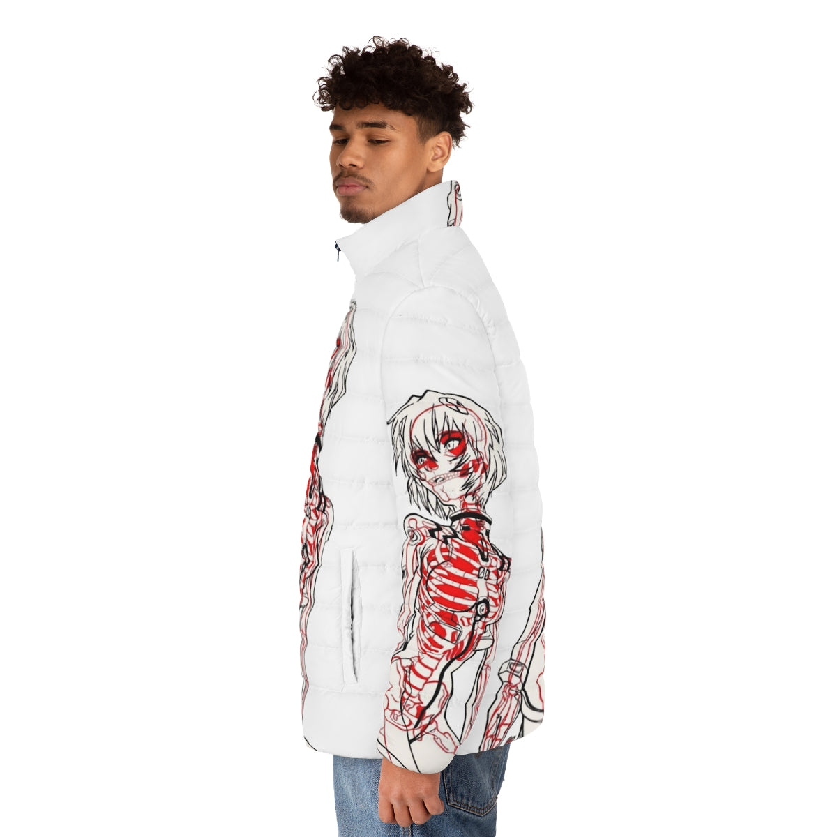 Rei Ayanami Neon Genesis Evangelion inspired puffer jacket featuring Eva Unit 01 design - men side left