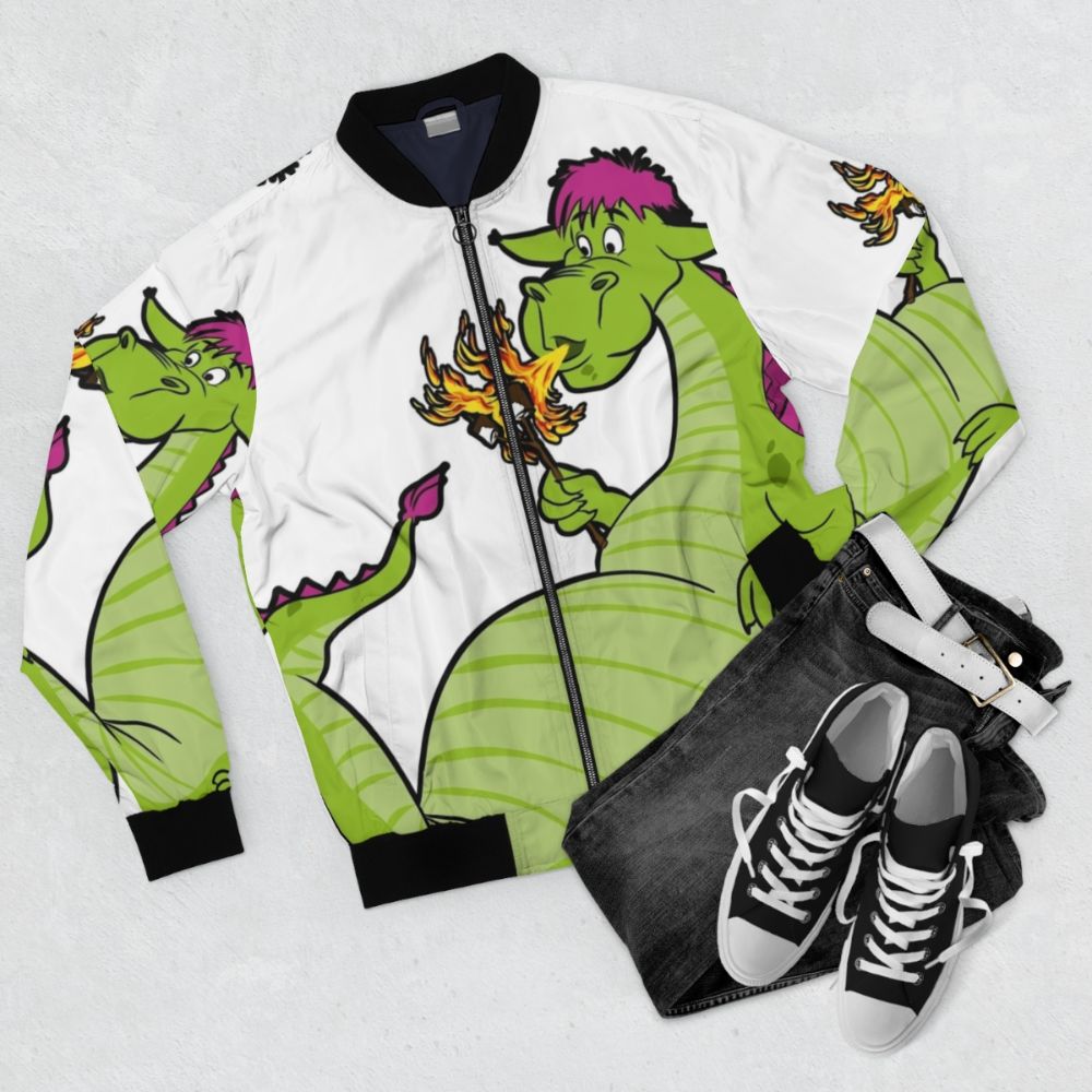 Elliot the fire breathing dragon illustration on a kids bomber jacket - Flat lay