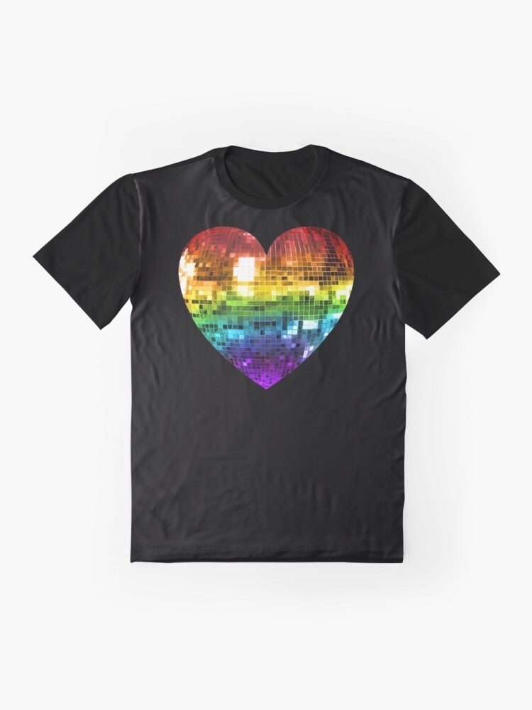 Colorful disco ball heart graphic on a t-shirt for rainbow disco pride - Flat lay