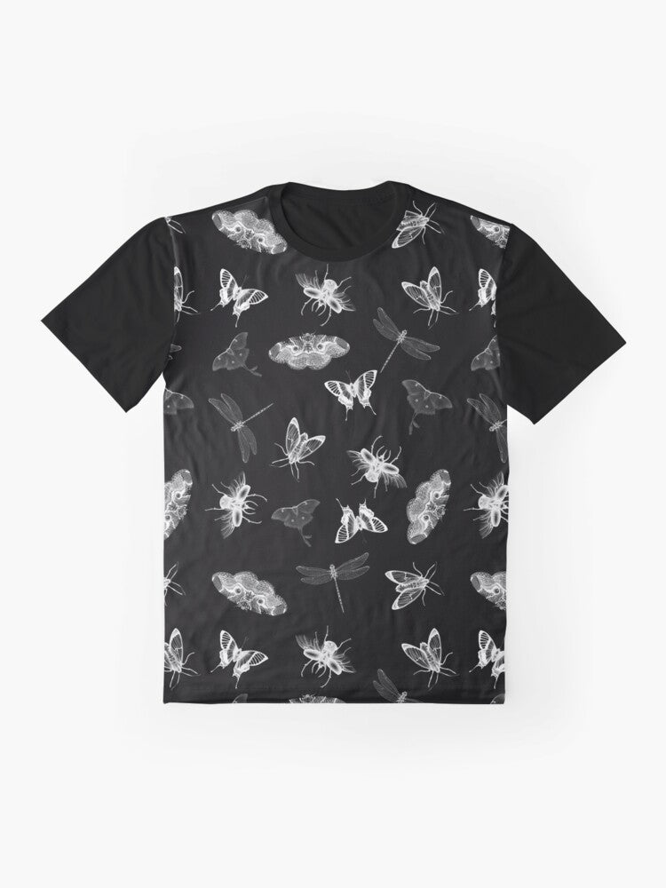 A black and white graphic t-shirt design featuring a pattern of various insects and bugs, including moths, butterflies, and dragonflies, for an entomology-inspired nightmare. - Flat lay