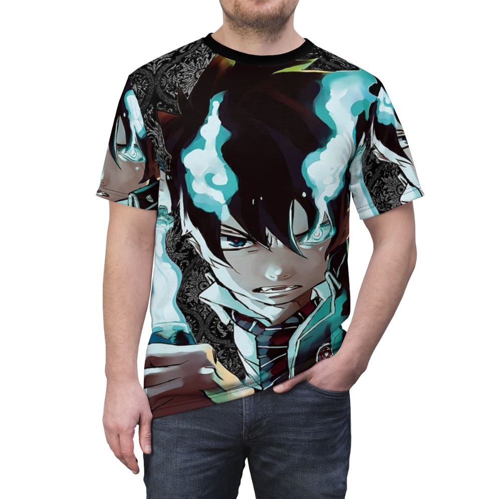 Artistic Blue Exorcist inspired graphic t-shirt design featuring the anime characters. - men front