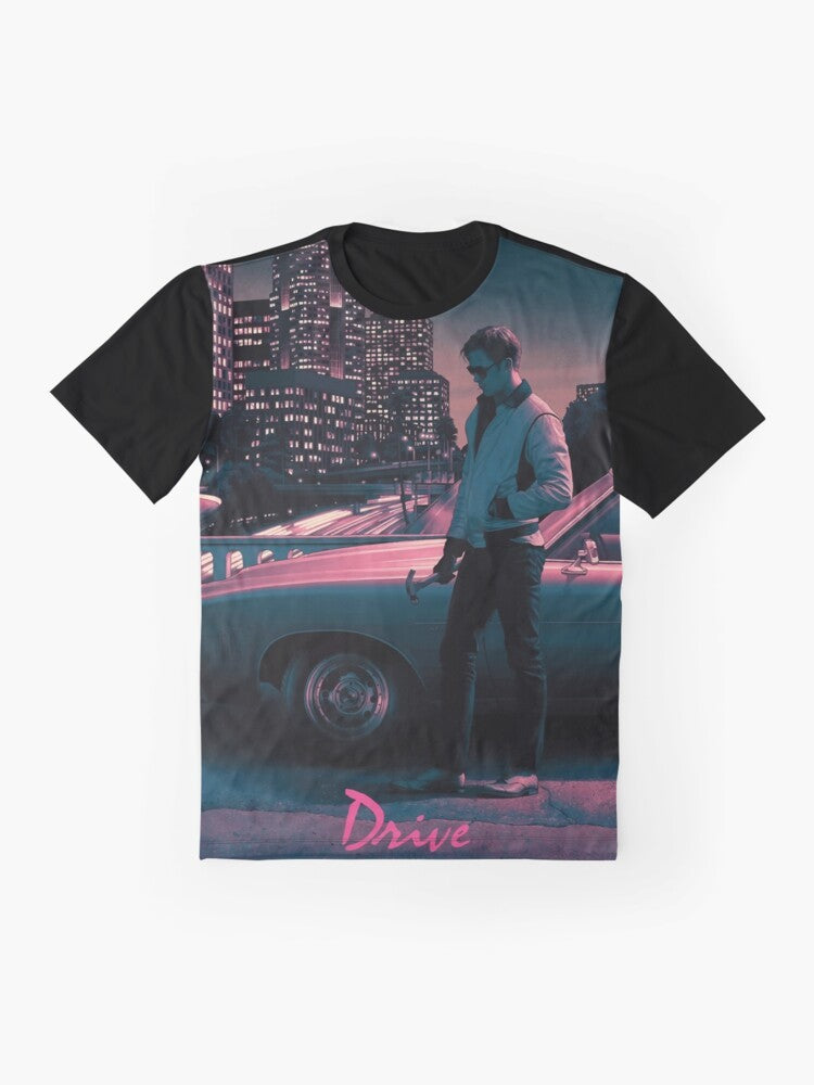 Drive movie poster graphic t-shirt featuring Ryan Gosling, Carey Mulligan, and elements from the film by Nicholas Winding Refn - Flat lay