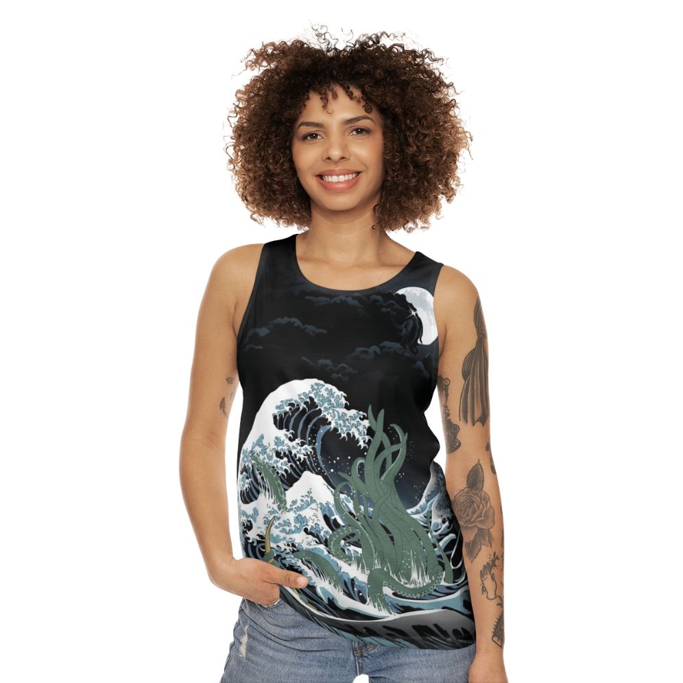 Cthulhu inspired unisex tank top with Japanese art elements - women