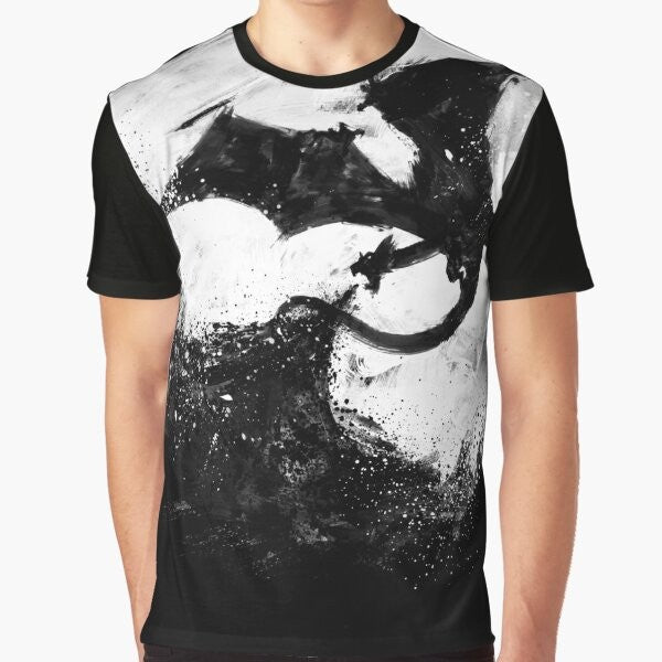 Midnight Desolation graphic t-shirt featuring a fantasy splatter design with a moon, dragon, and fire elements.