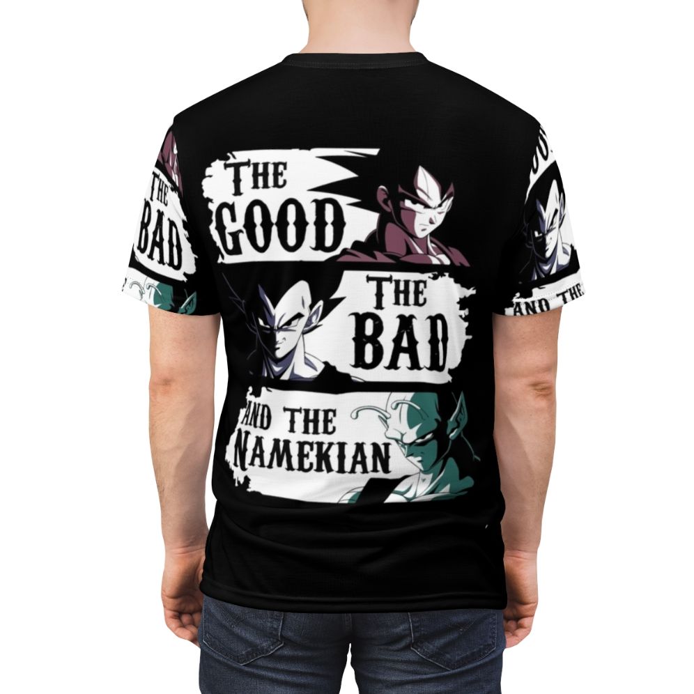 A stylish t-shirt featuring a graphic design inspired by the Namekian characters from the Dragon Ball anime and manga series. - men back