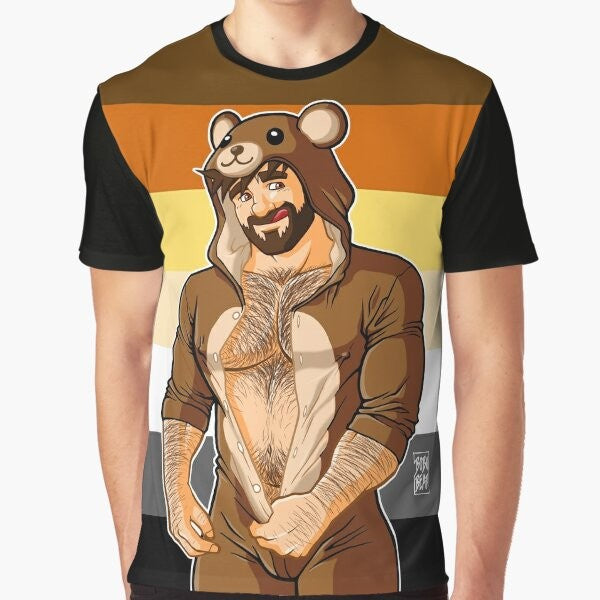 A graphic t-shirt featuring a bearded, gay bear with the text "ADAM LIKES TEDDY BEARS - BEAR PRIDE".