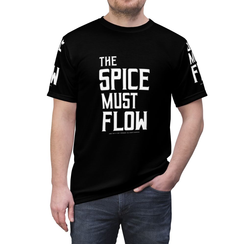 Dune-inspired all-over print t-shirt featuring the iconic "the spice must flow" quote and Dune-themed design - men front