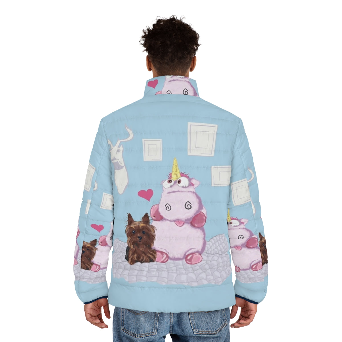 A cozy puffer jacket with a nice family portrait and a cute plush unicorn toy - men back