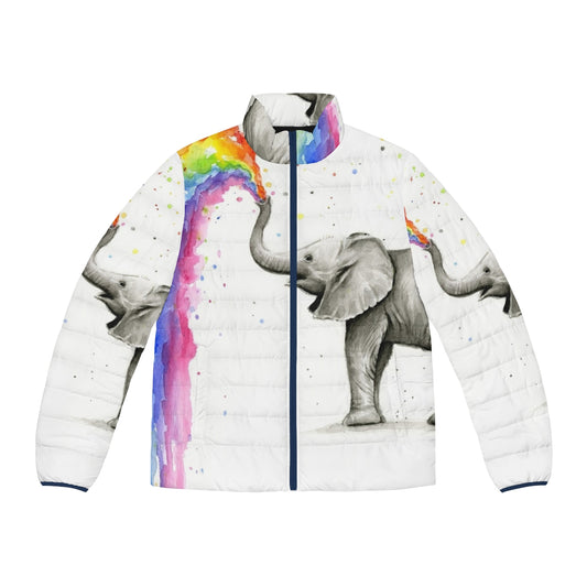 Baby elephant spraying rainbow watercolor in a puffer jacket