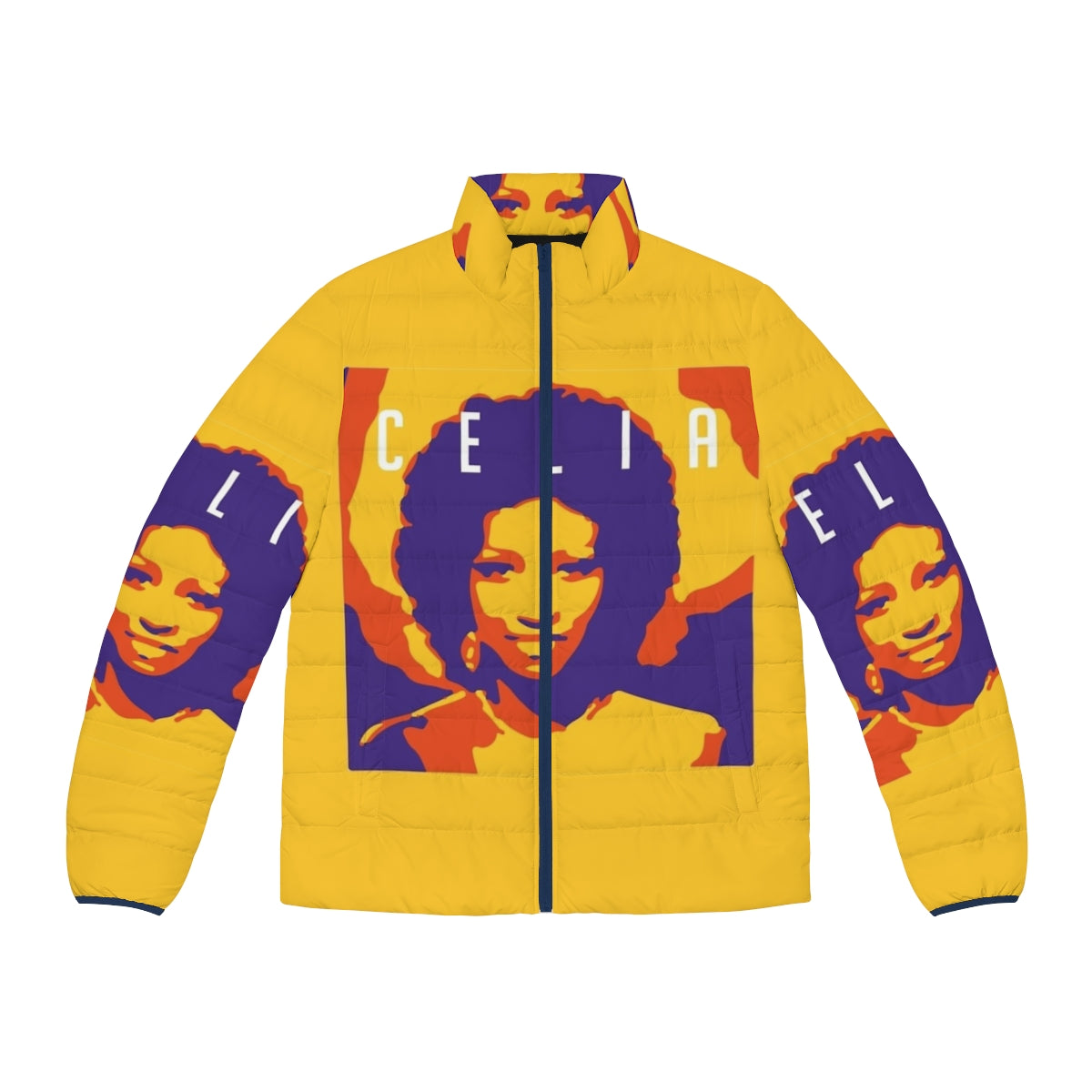 Celia Latinx Puffer Jacket in a vibrant, colorful popart design