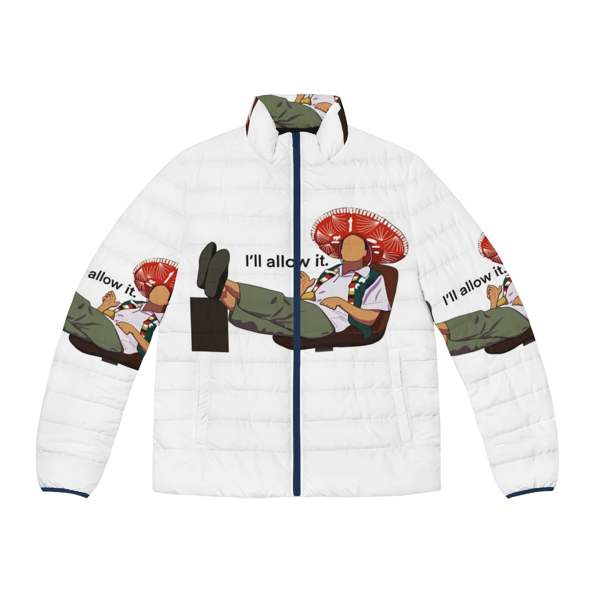 Yu-Gi-Oh inspired "Change of Heart" puffer jacket with blue eyes white dragon and black design