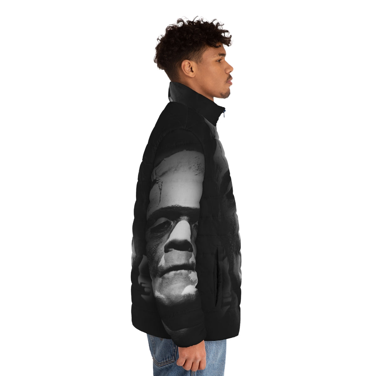 Frankenstein monster puffer jacket featuring the iconic Boris Karloff face - men side right