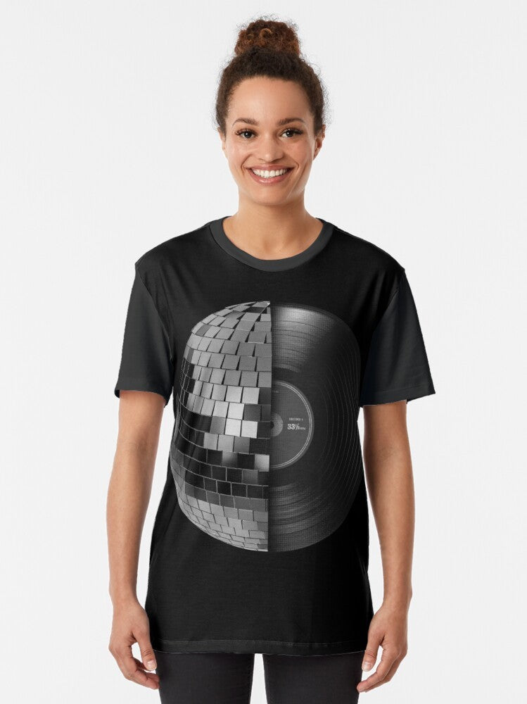 Disco graphic t-shirt featuring a mirrored disco ball on a vintage-inspired background - Women