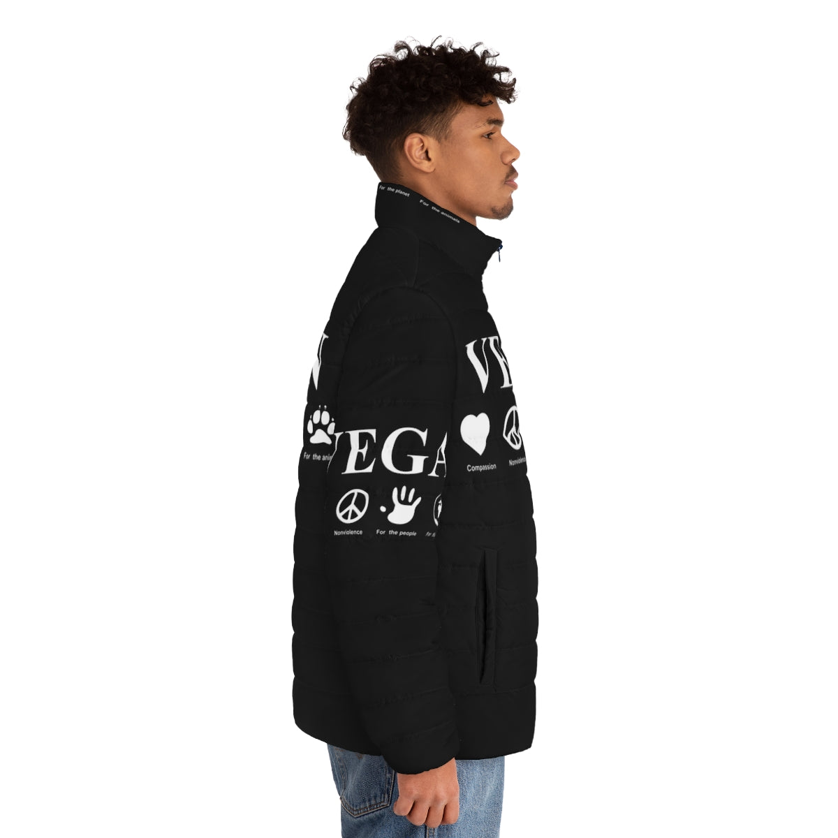 Vegan puffer jacket made from sustainable, cruelty-free materials - men side right