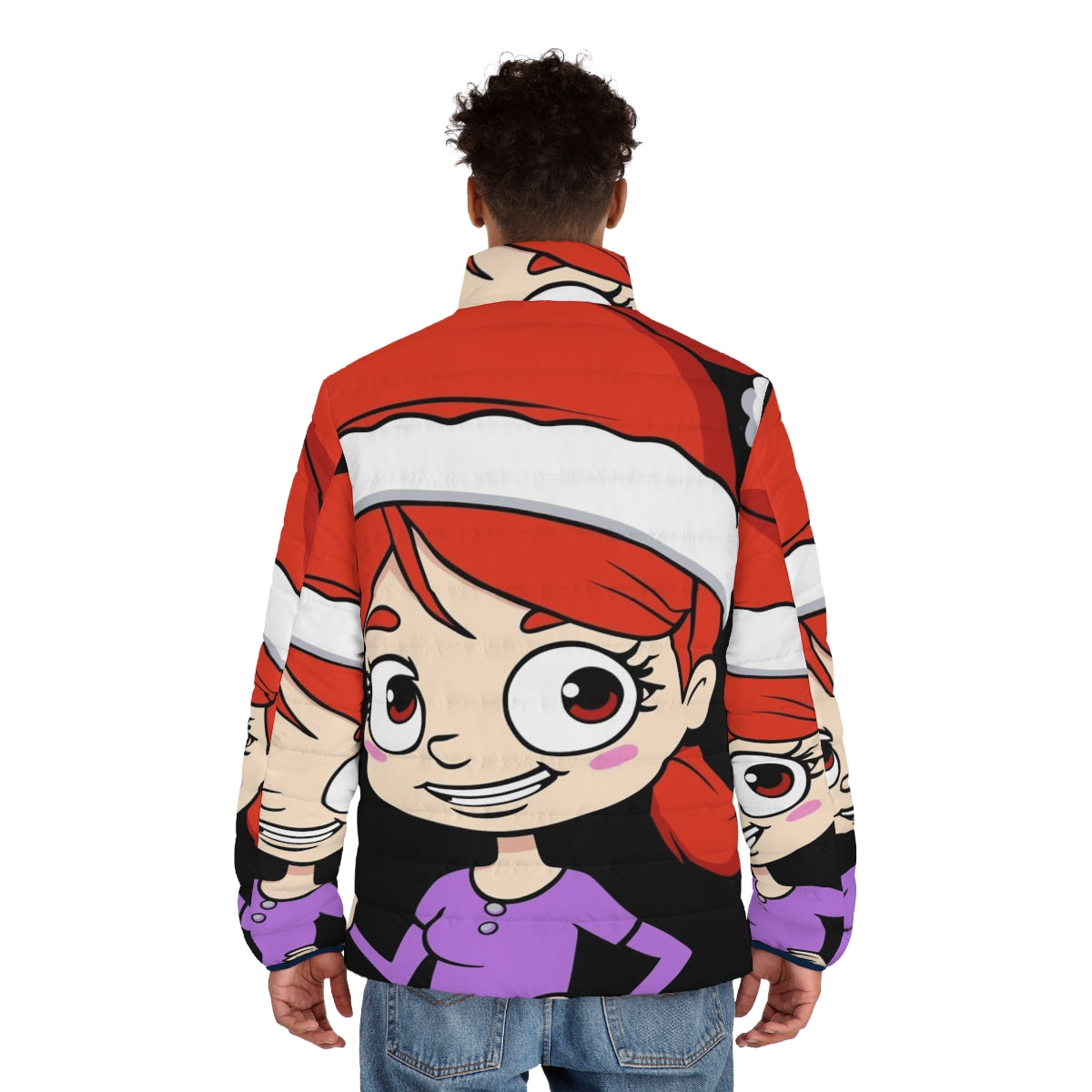 Jessi from Big Mouth wearing a vibrant puffer jacket with a Santa hat - men back