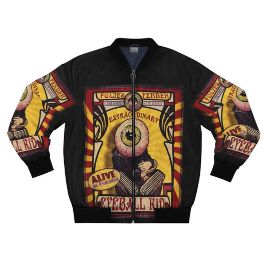 Bomber jacket with a graphic design of an eyeball kid in a circus sideshow setting.