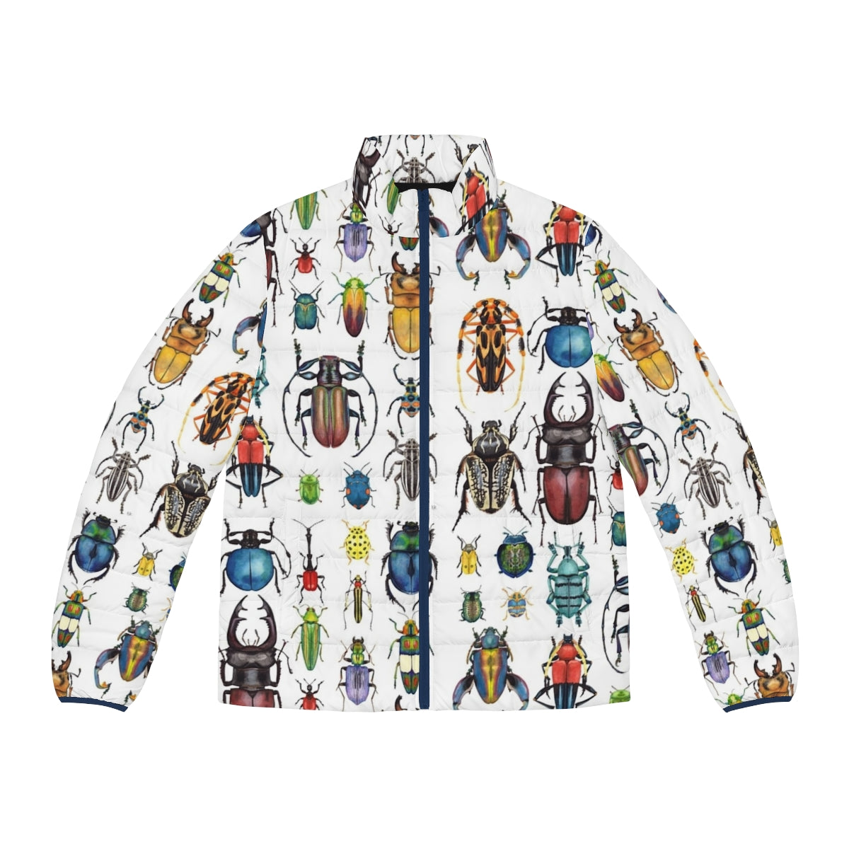 Vibrant puffer jacket featuring a watercolor beetle collection design