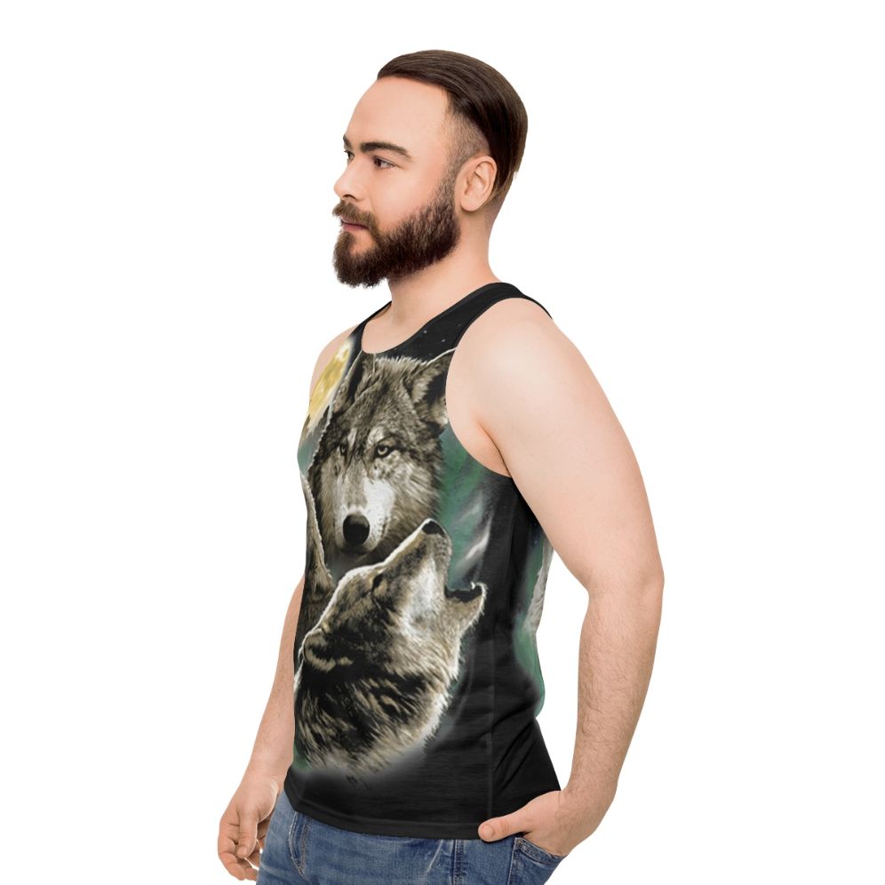 Unisex tank top with three wolves howling at the full moon in the wilderness - men side