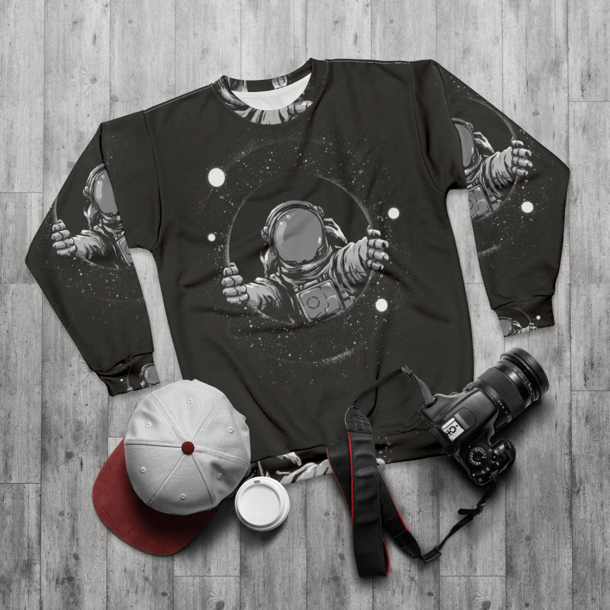 Black Hole Sweatshirt with Galaxy Pattern - flat lay