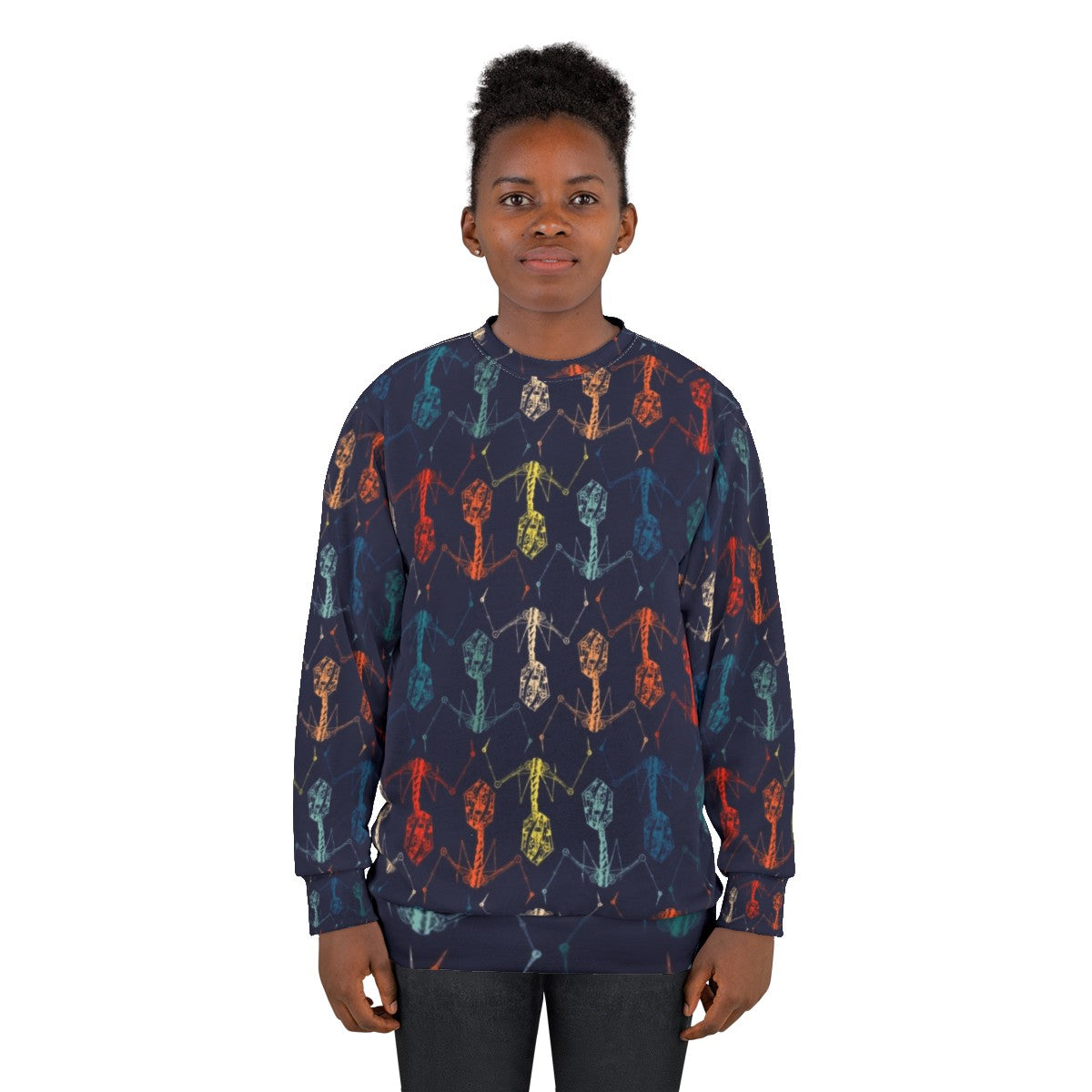 Built Phage Rainbow Sweatshirt featuring a bacteriophage graphic design - women