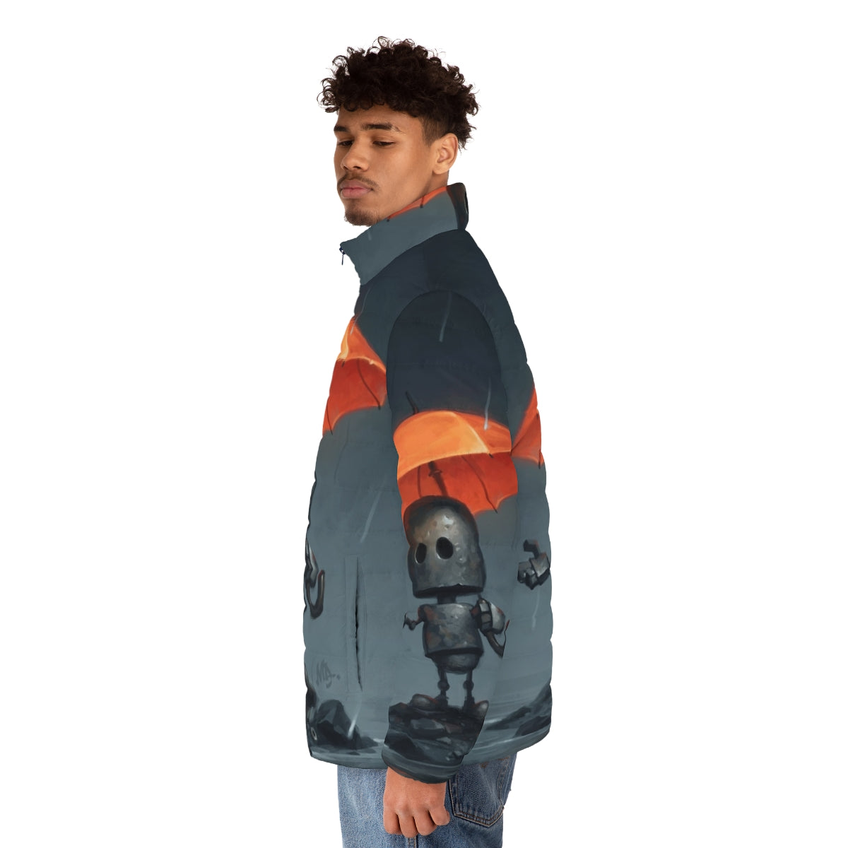 Emotional robot wearing orange and gray puffer jacket standing under umbrella - men side left