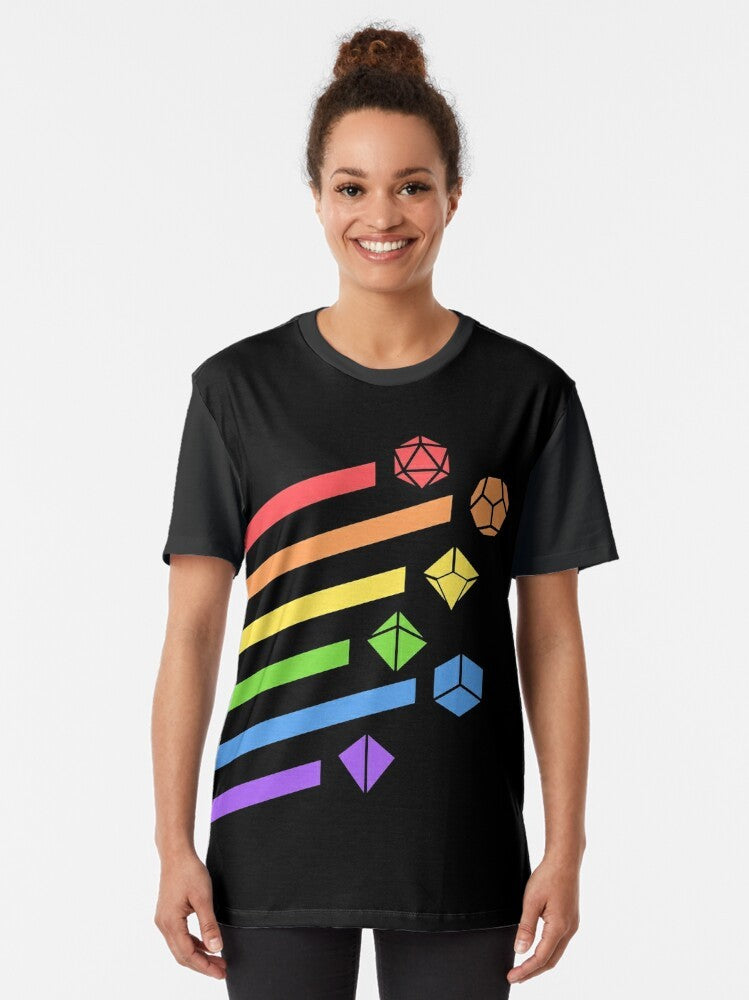Rainbow dice set graphic t-shirt for tabletop RPG gaming enthusiasts - Women