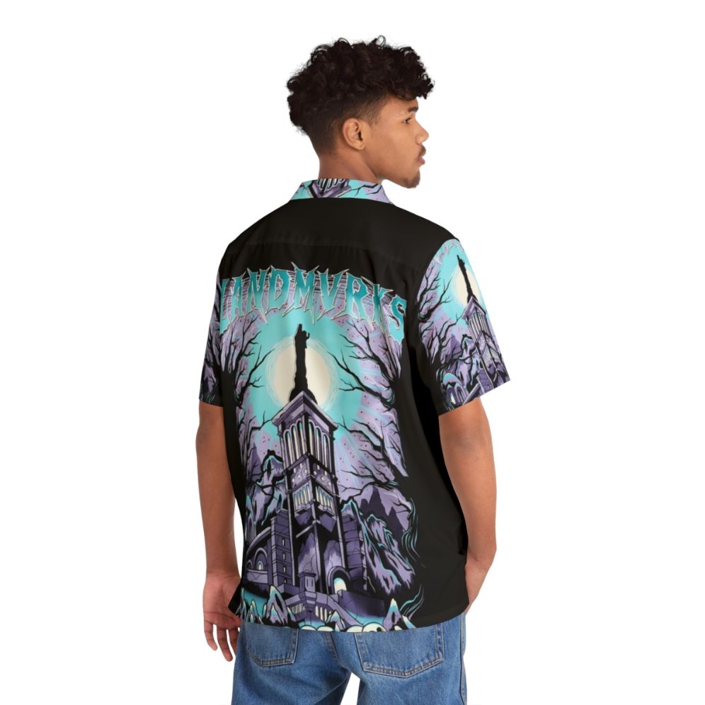 Skull Castle Hawaiian Shirt featuring a dark, spooky castle design - People Back