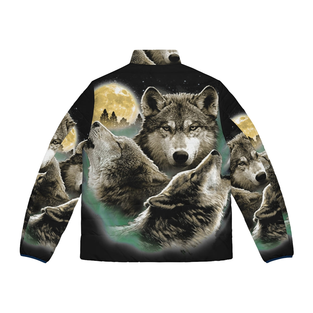 Puffer jacket featuring a night sky scene with three howling wolves against a full moon - Back