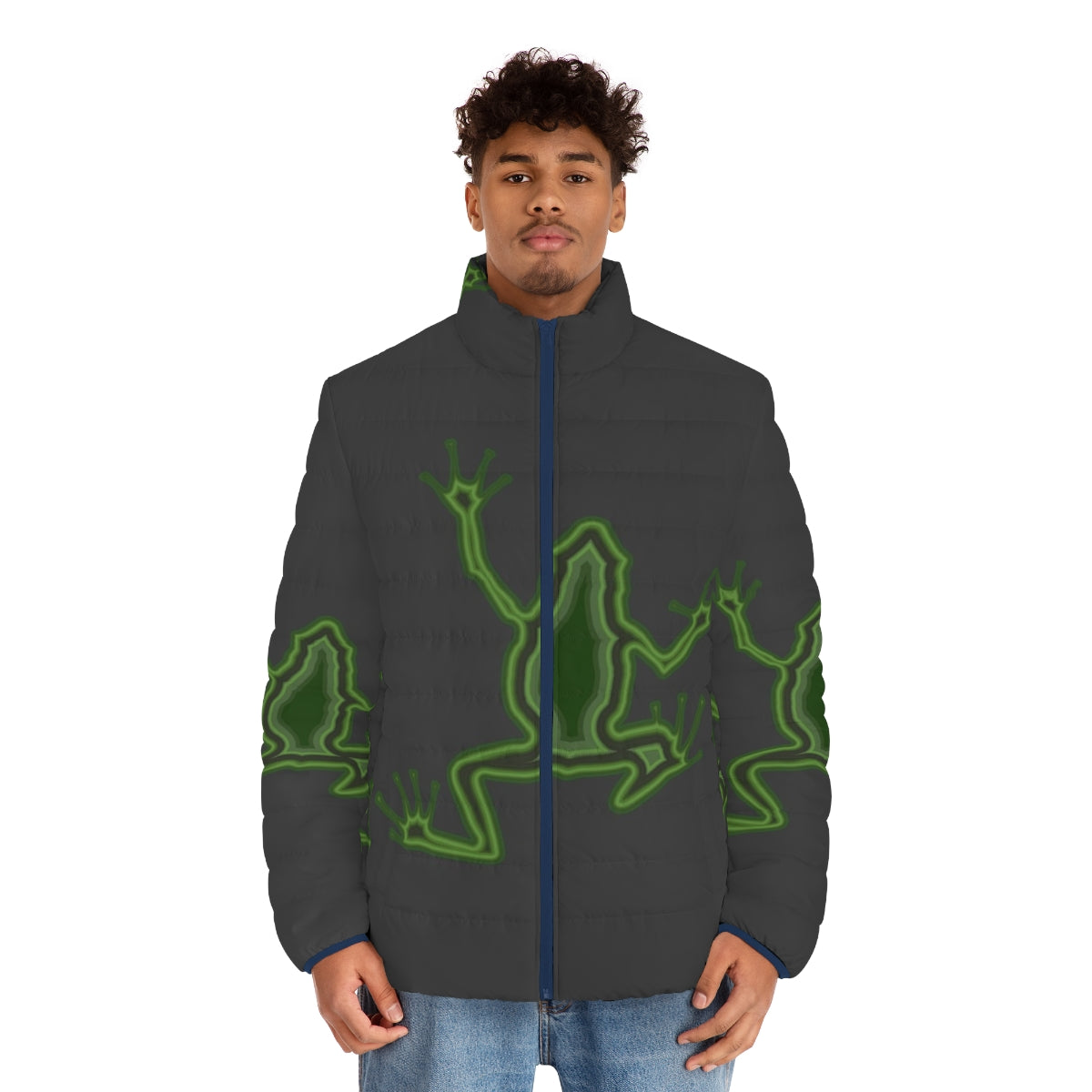 Frog puffer jacket featuring a colorful abstract design of a legendary animal - men front