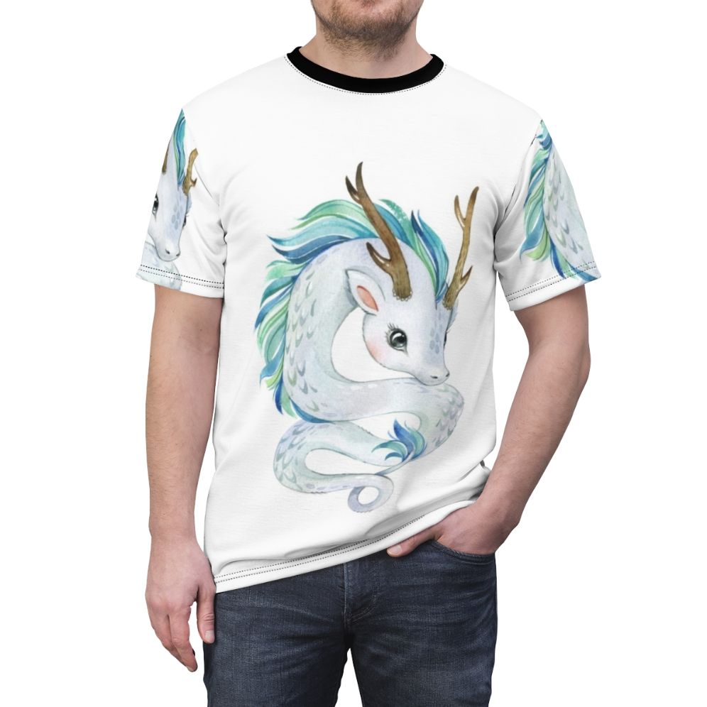 Whimsical illustration of a cute, magical dragon on a high-quality t-shirt - men front