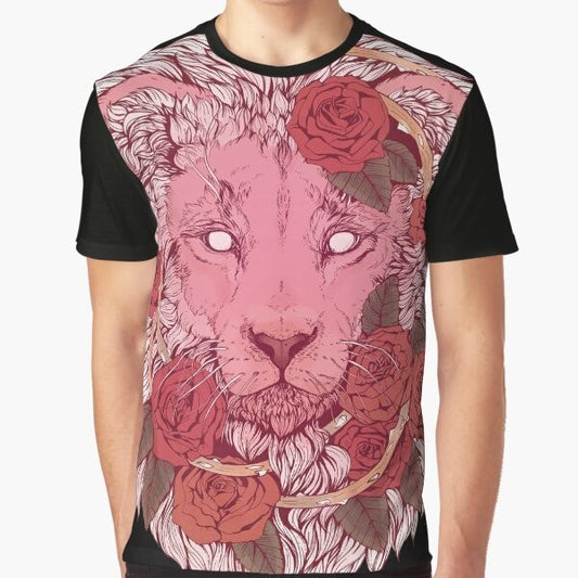 Graphic t-shirt featuring a magical lion with a mane of roses and glowing eyes, inspired by the Steven Universe animated series.