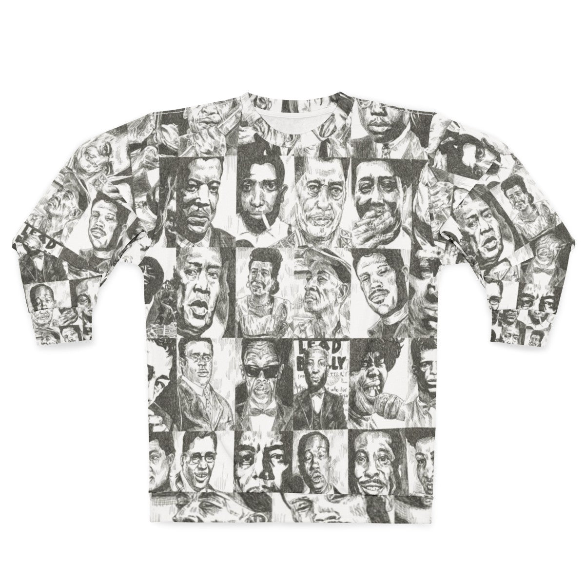 Blues music sweatshirt featuring hand-drawn portraits of legendary blues musicians