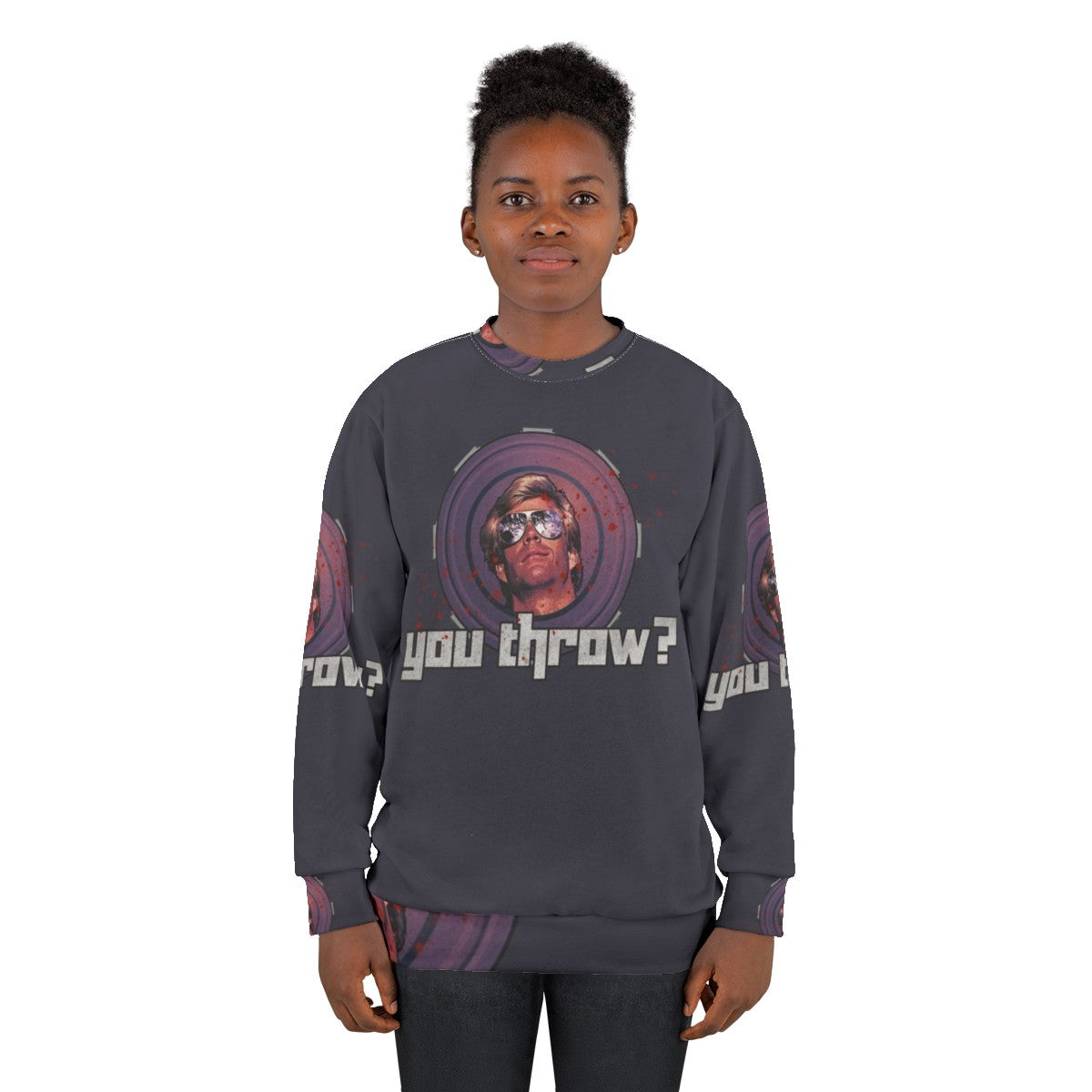 80s inspired "You Throw" sweatshirt with frisbee and action movie graphics - women