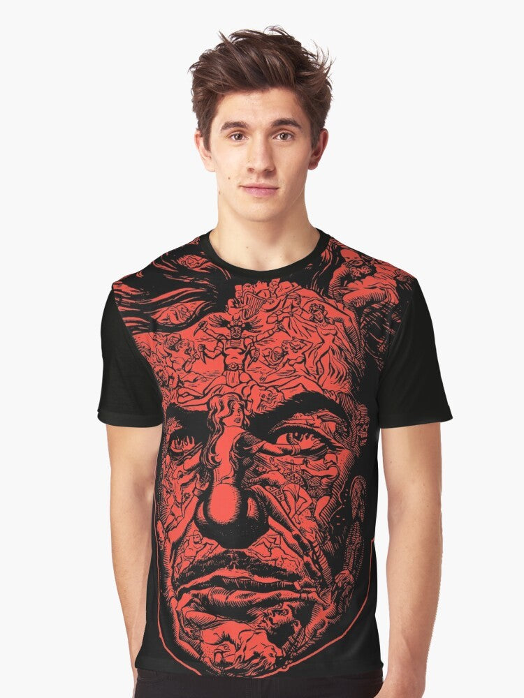 A red graphic t-shirt featuring "The Red Death" design, inspired by the classic horror story and Vincent Price's character. - Men