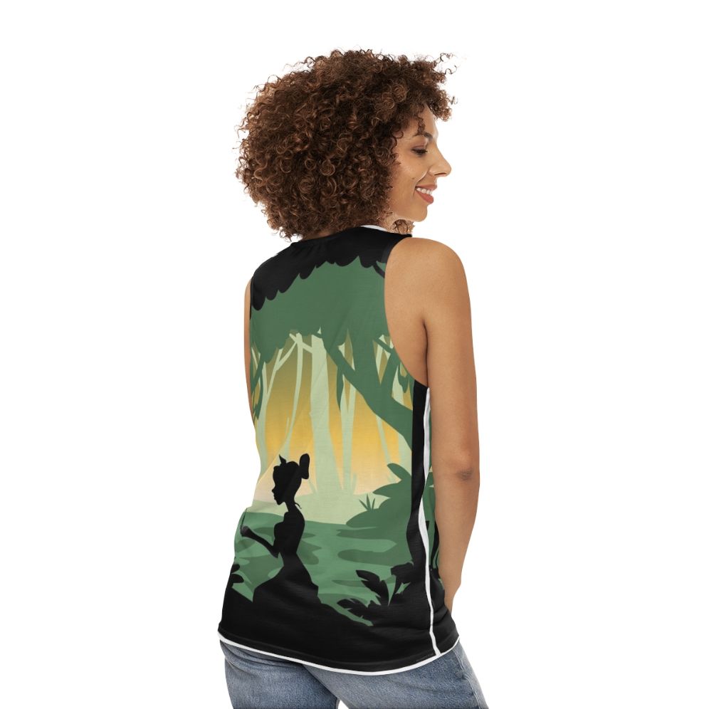 Minimal poster design of The Princess And The Frog movie on a unisex tank top - women back