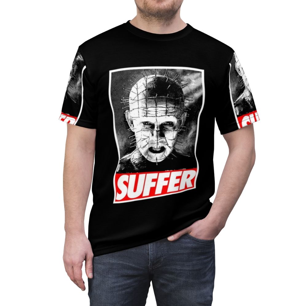 Pinhead horror movie character featured on an all-over-print t-shirt design - men front