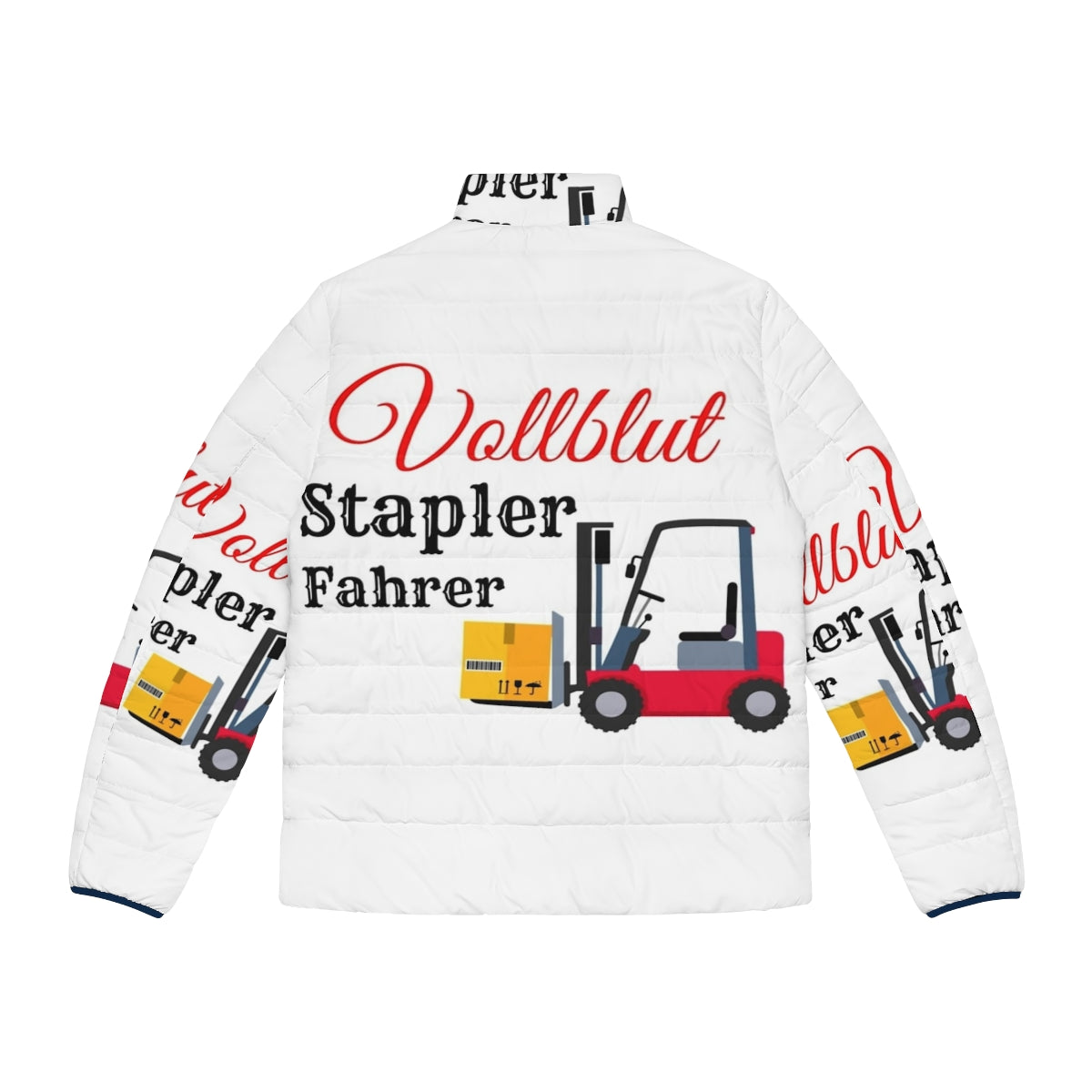 Thoroughbred forklift driver puffer jacket in a warehouse setting - Back