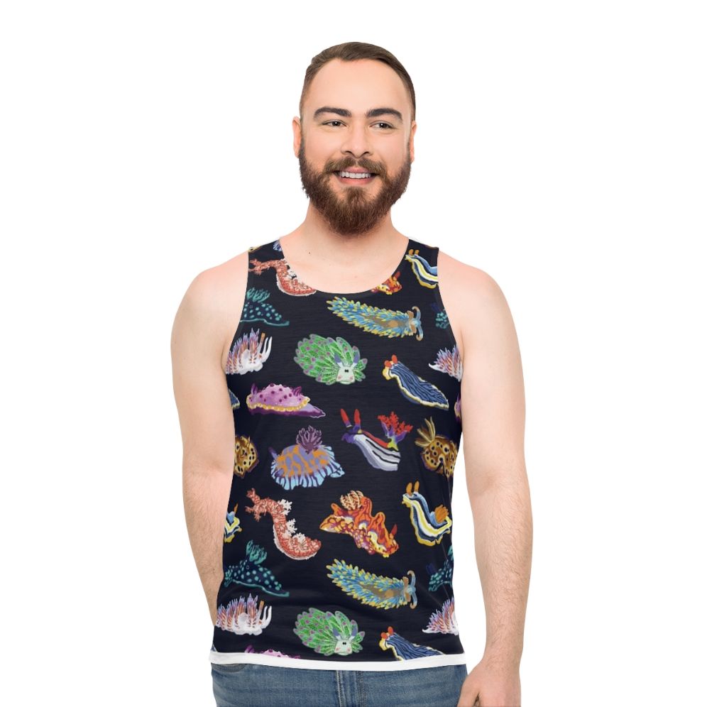 Colorful unisex tank top with nudibranch sea slug design - men