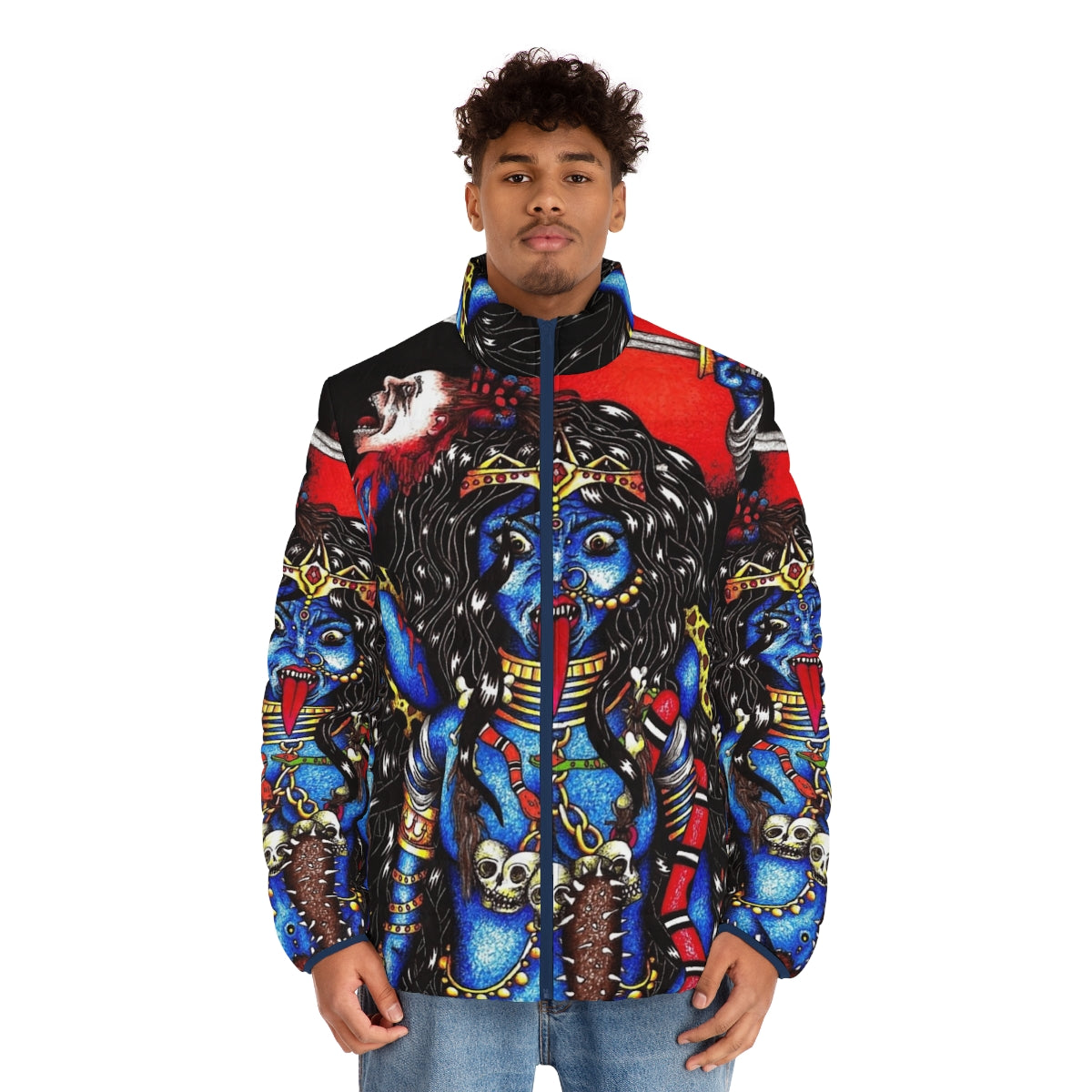 Kali Ma puffer jacket with snake and skull design - men front