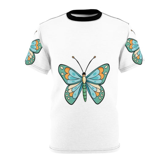 Model wearing a t-shirt with a vibrant monarch butterfly design